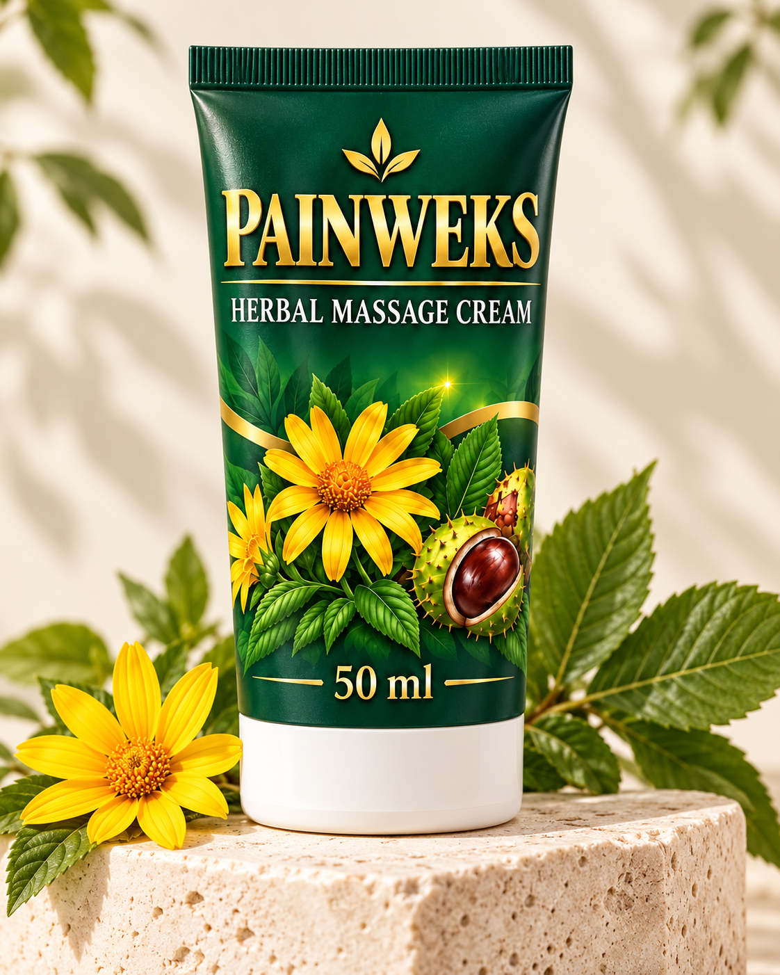Painweks 50 ml masaj kremi, yeşil ve altın renkli ambalajıyla